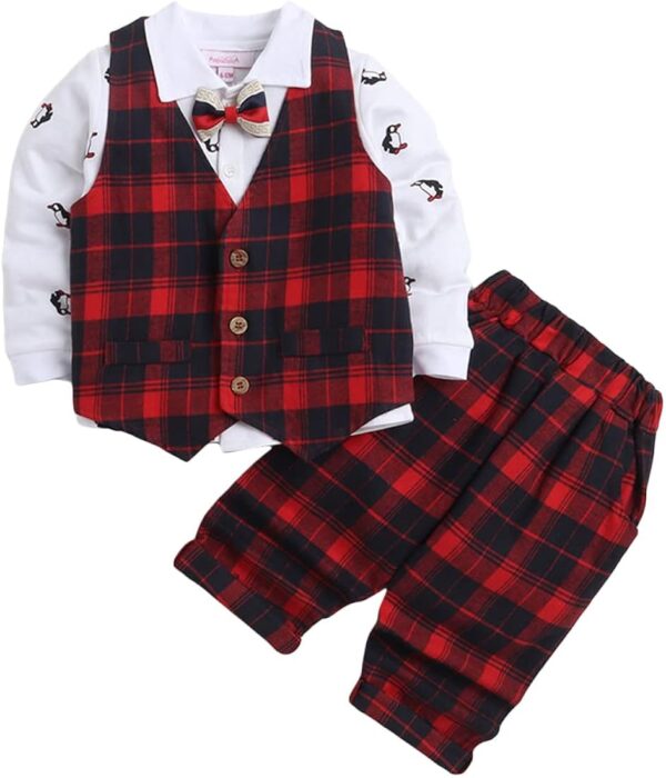 Hopscotch Boys Cotton Check Waistcoat Shirt Pant Set in Multi Color